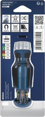 Bosch kısa uçlu cırcırlı tornavida, 6 parçalık uç haznesiyle birlikte.